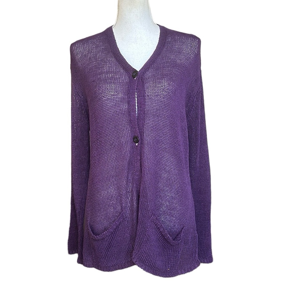 Cut Loose Purple Knit 100% Linen Buttoned Cardigan with Pockets Oversized